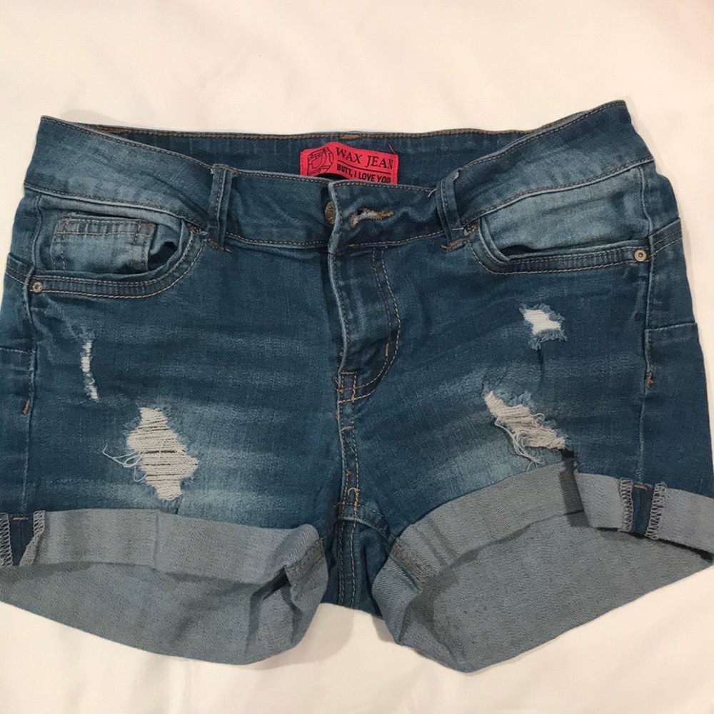 wax jean-- light wash jean shorts
